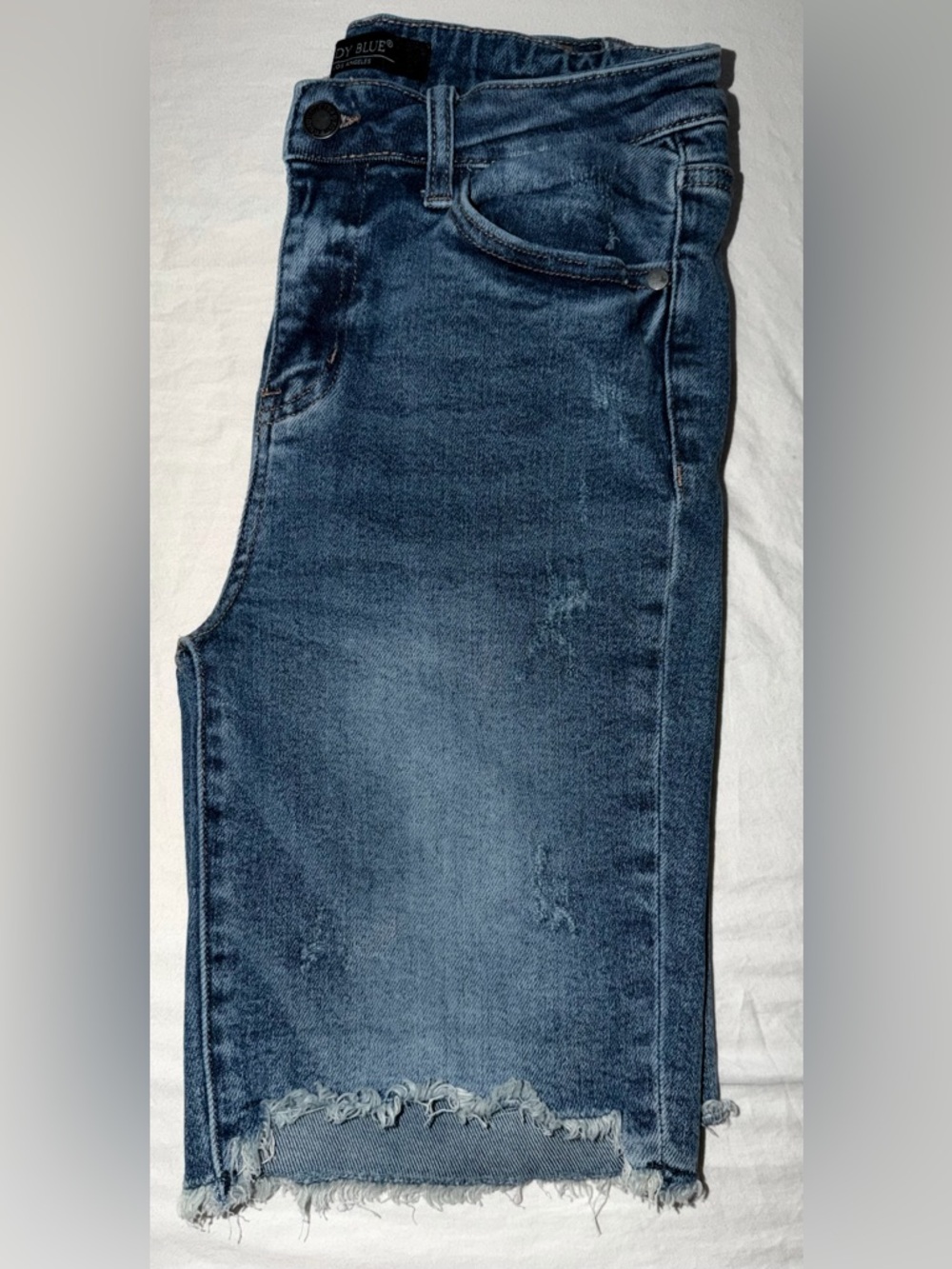 Judy Blue Medium Blue Distressed Bermuda Denim Shorts - Picture 11 of 12